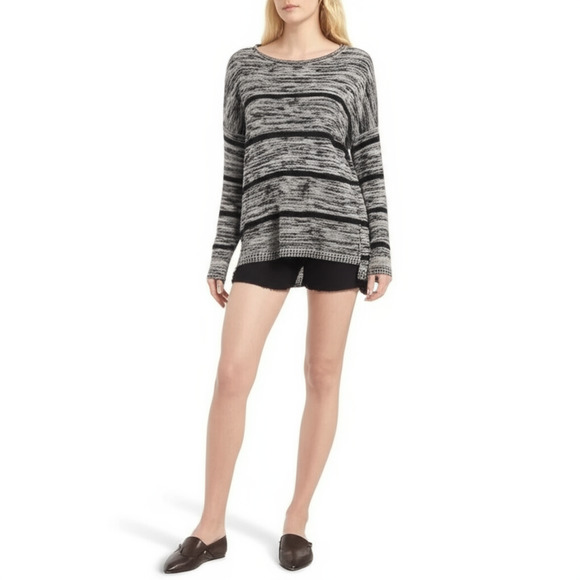 EILEEN FISHER Knit lightweight sweater MEDIUM Black Grey Striped Organic Linen - Picture 1 of 7